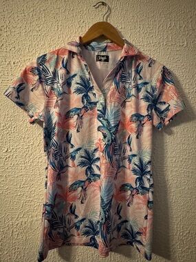 Waggle Golf Birds of Paradise Tropical Parrot Palm Polo - Pink & Blue